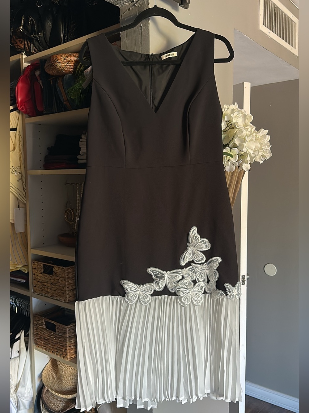Evan Picone Black Dress with White Pleated Hem & Butterfly Appliqué